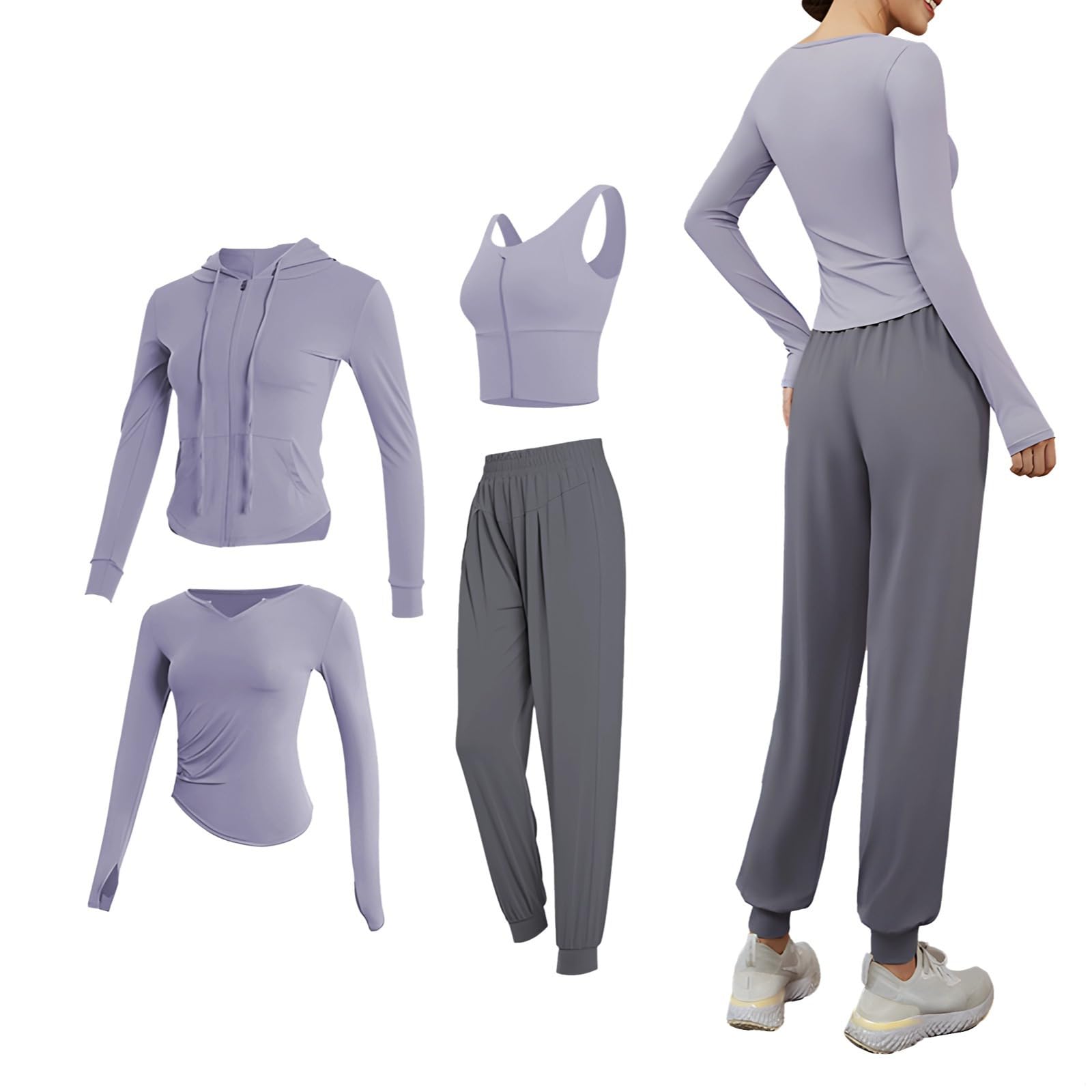 Damski zestaw fitness z długim rękawem, 4-częściowy sprzęt treningowy, mieszanka poliestru i spandexu, dostępna w rozmiarze XL, idealna zarówno na siłownię, jak i do noszenia na co dzień, Fioletowy