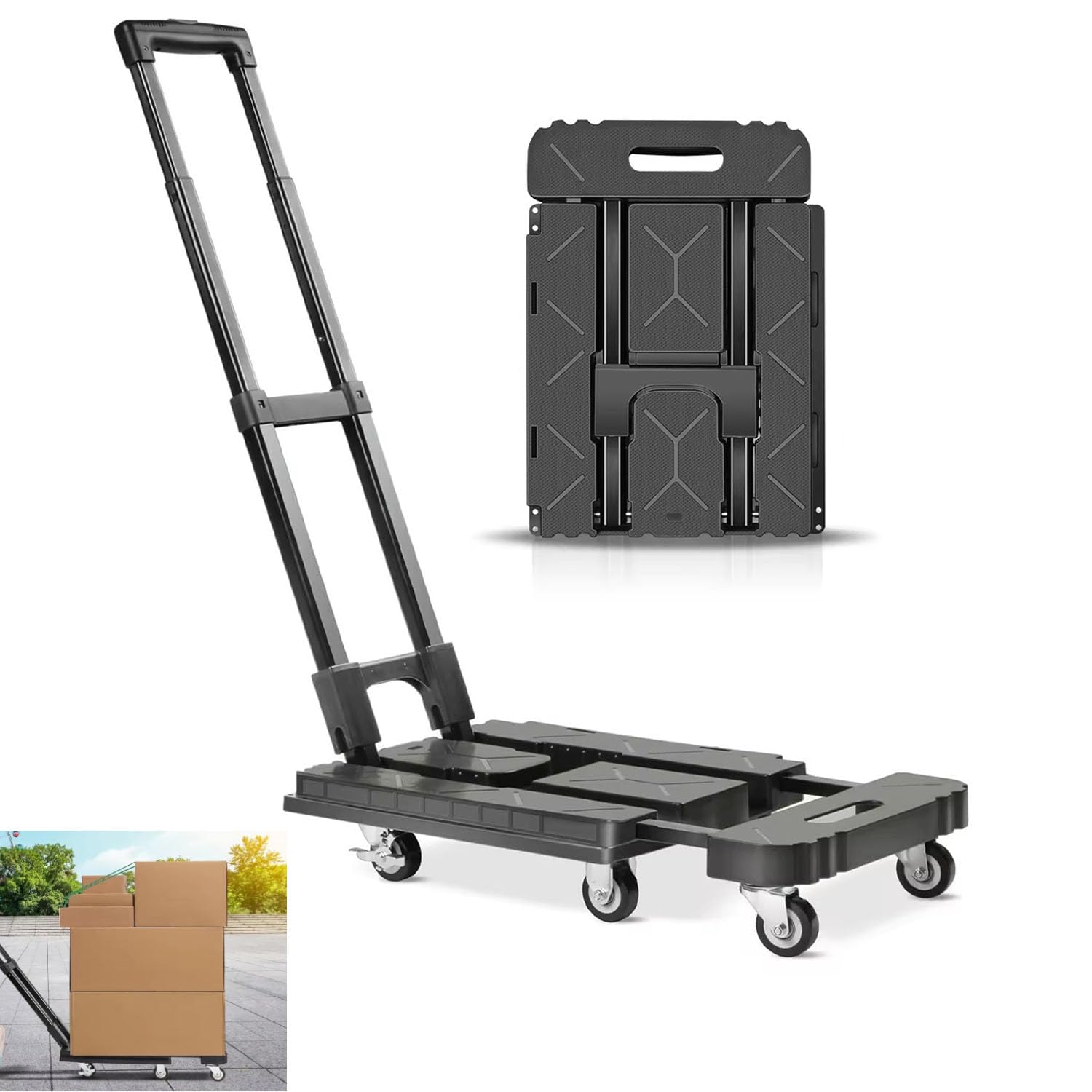 Xspring Folding Hand Truck, Portable Platform Cart with 6 Wheels, Collapsible Luggage Cart, Heavy Duty Utility Trolley, Extendable Moving Pulley Dolly for Luggage Travel Shopping Moving Cargo Handling