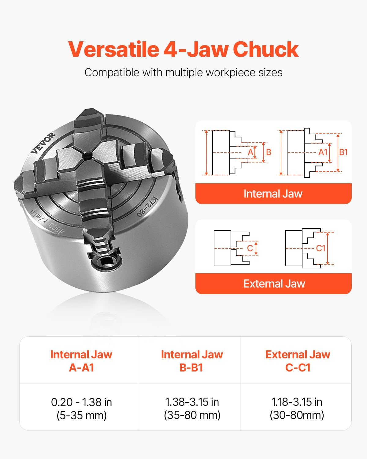 VEVOR 4-Jaw Lathe Chuck, 3 Inch (80 mm), 4-Jaw Independent Chuck, 0.1-3.15 in (5-80 mm) Clamping Range with T-key Fixing Screws Reversible Jaws, HT300 Material, Internal External for Wood Metal Lathe