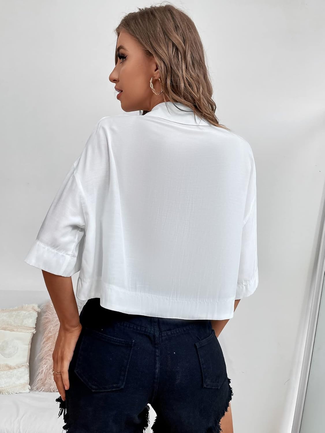 Women's Pocket Half Sleeve Button Front Summer Oversized Crop Blouse Tops - Image 2