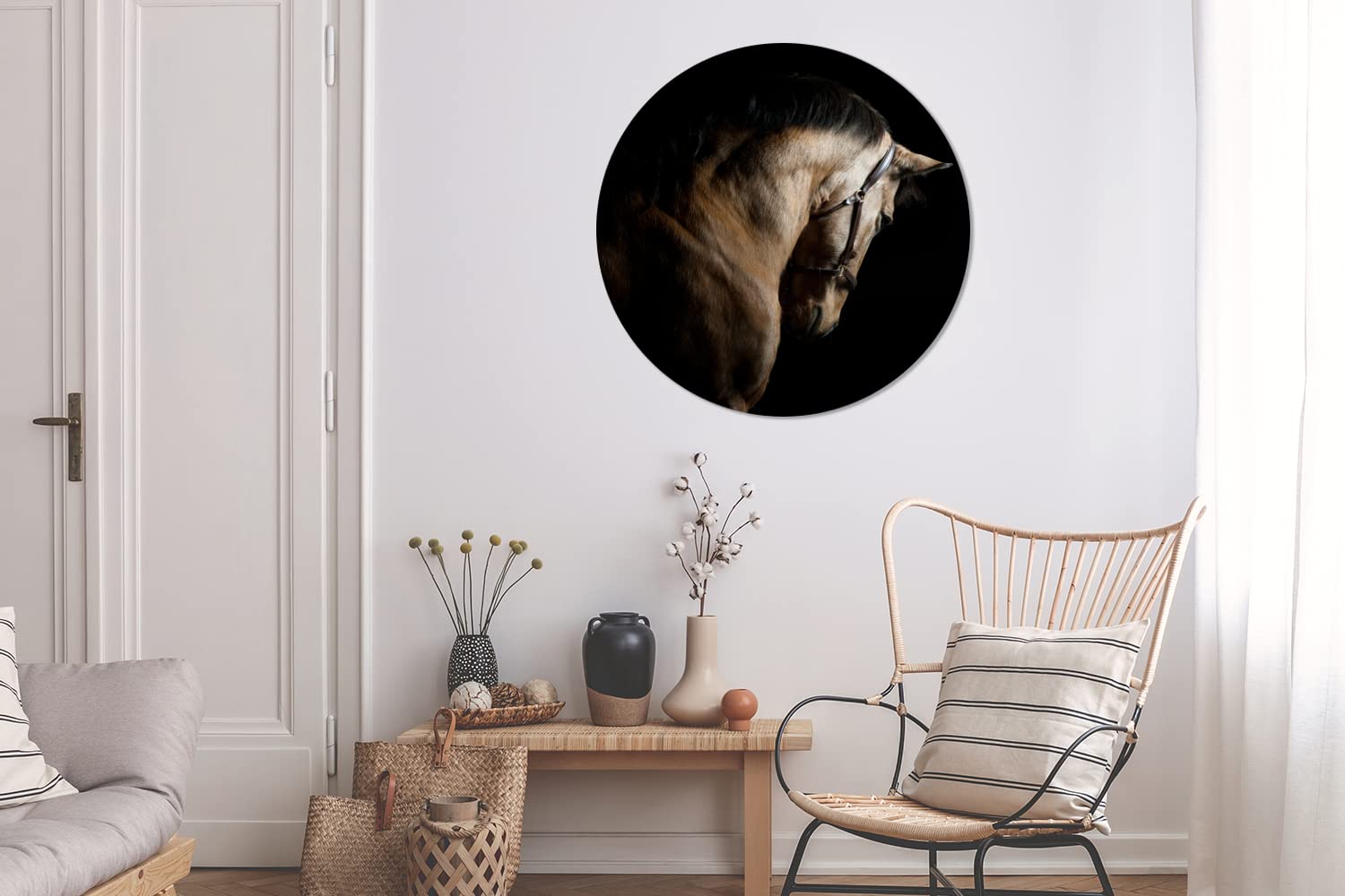 MuchoWow Wandbild Rund Wanddeko Deko Wohnzimmer Bilder 90x90 cm Pferde - Halfter - Schwarz