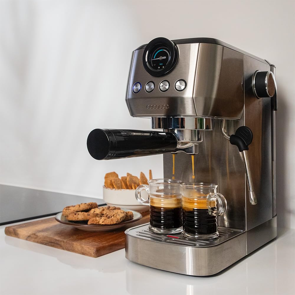 Cecotec Espressomaschine Compact Power Espresso 20 Steel Pro, 1350 W, 20 bar, Thermoblock-System, schwenkbarer Dampfgarer, Filterarm mit Doppelausgang und 2 Filtern, 1,3 Liter