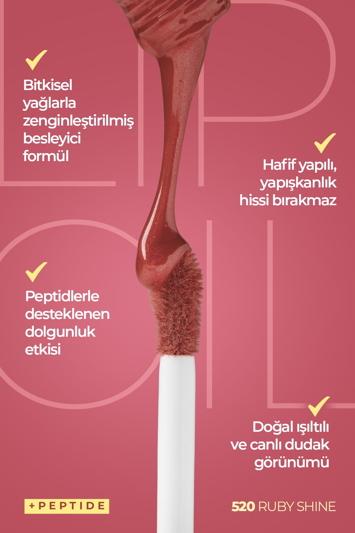 Jowe Pro Peptide İçerikli Dudak Yağı, 520 Ruby Shine, Parlatıcı ve Dolgunlaştırıcı
