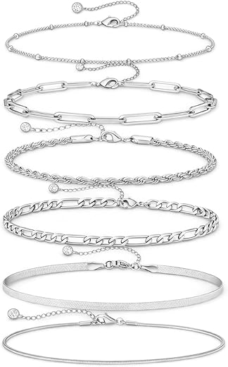 VAMA FASHIONS Trendy 6 Pcs Silver Plated Bracelets Hand Jewelry Paperclip Rope Snake Figaro Herringbone Beads Chain Bracel...