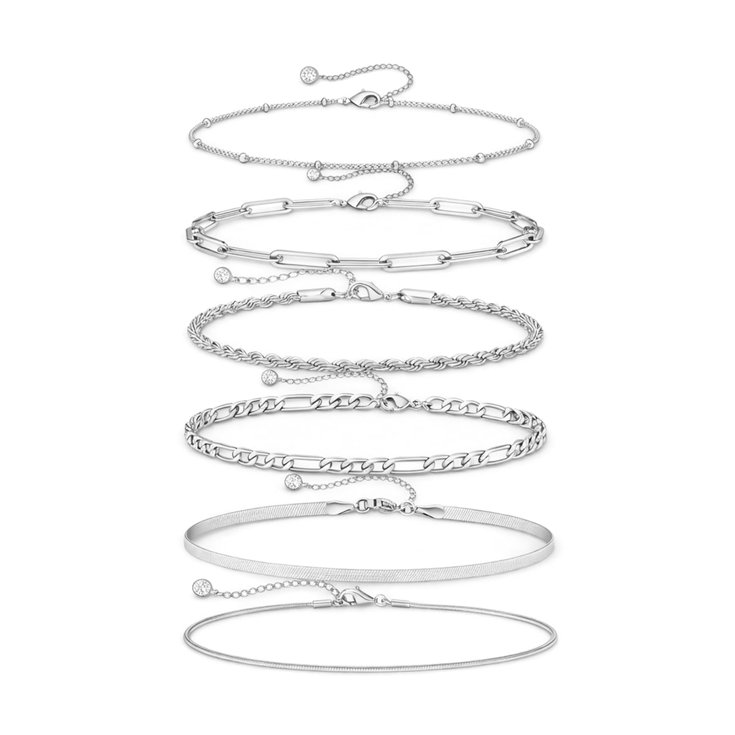 VAMA FASHIONS Trendy 6 Pcs Silver Plated Bracelets Hand Jewelry Paperclip Rope Snake Figaro Herringbone Beads Chain Bracel... - Review, Price and Buying Guide