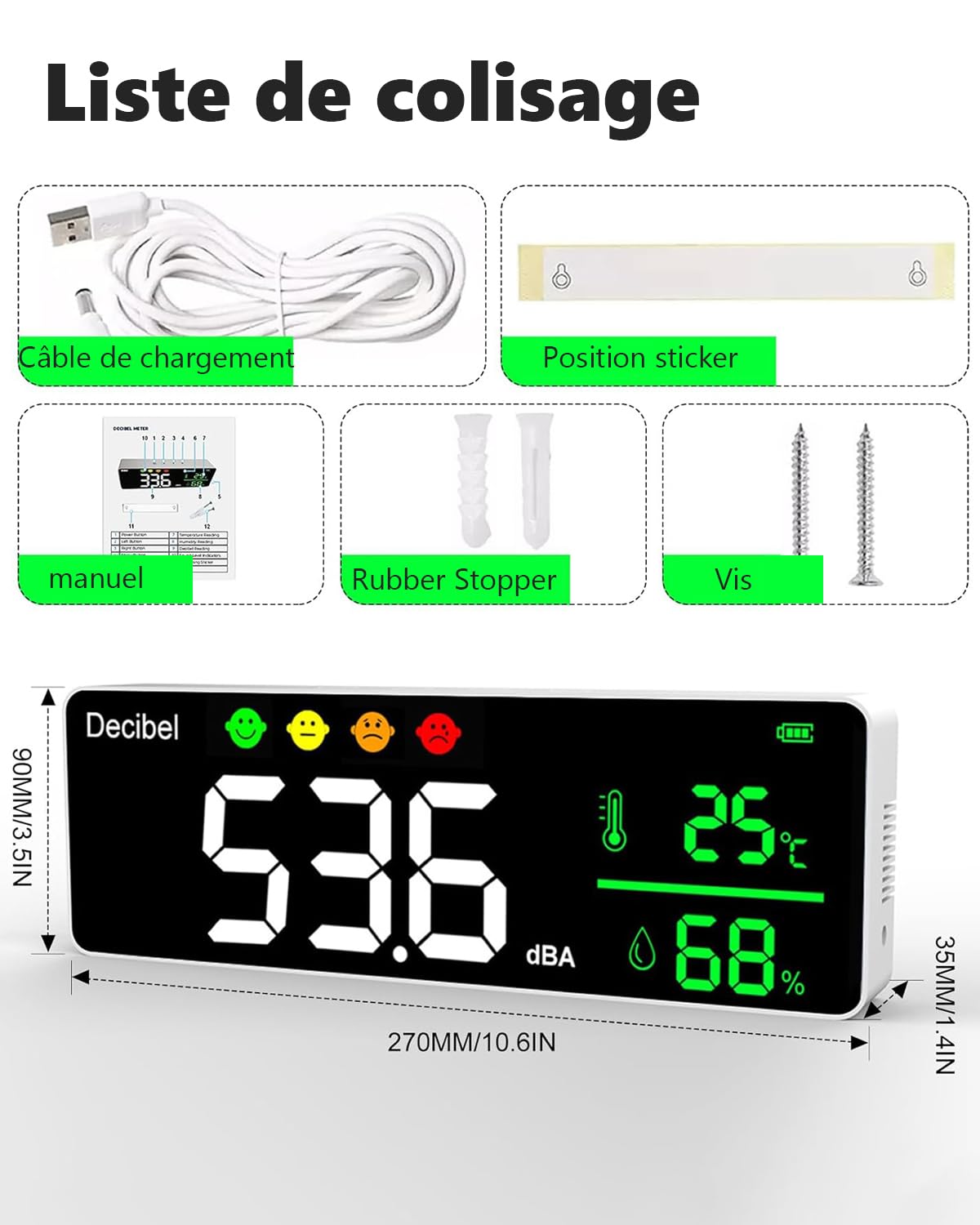 Sonomètre Numérique, 3In1 Décibelmètre 30-130dB (±1,5dB), Wall Mount Sound Level Meter avec Température & Humidité, Grand écran LED 11", Mesure du Bruit pour Maison