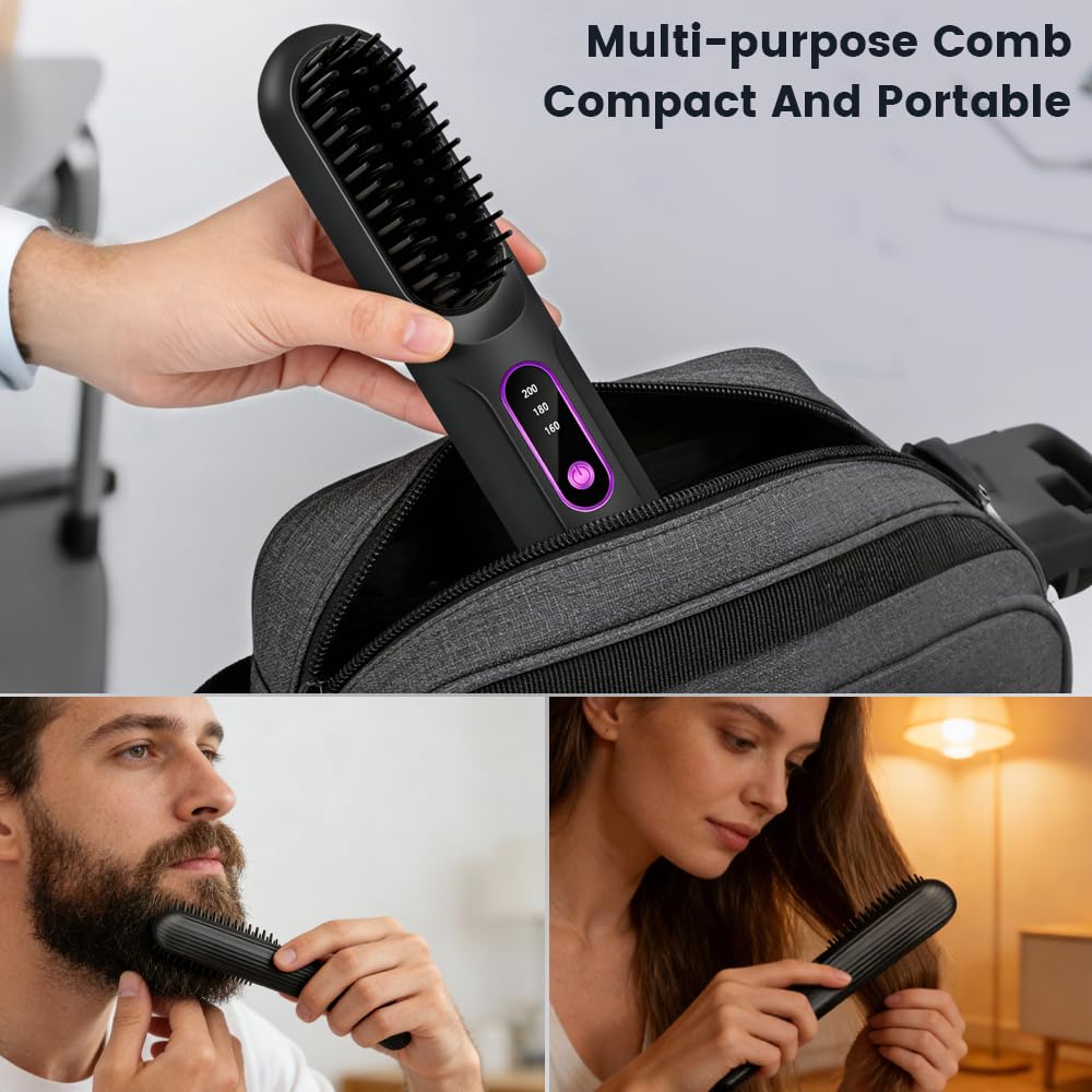 Beard Straightener for Men, Cordless Heated Beard Brush for Men, Electric Hot Comb, Anti-Scald Mini Straightening Brush for Beard Grooming, Portable for Travel and Home Use, Gifts for Him Dad