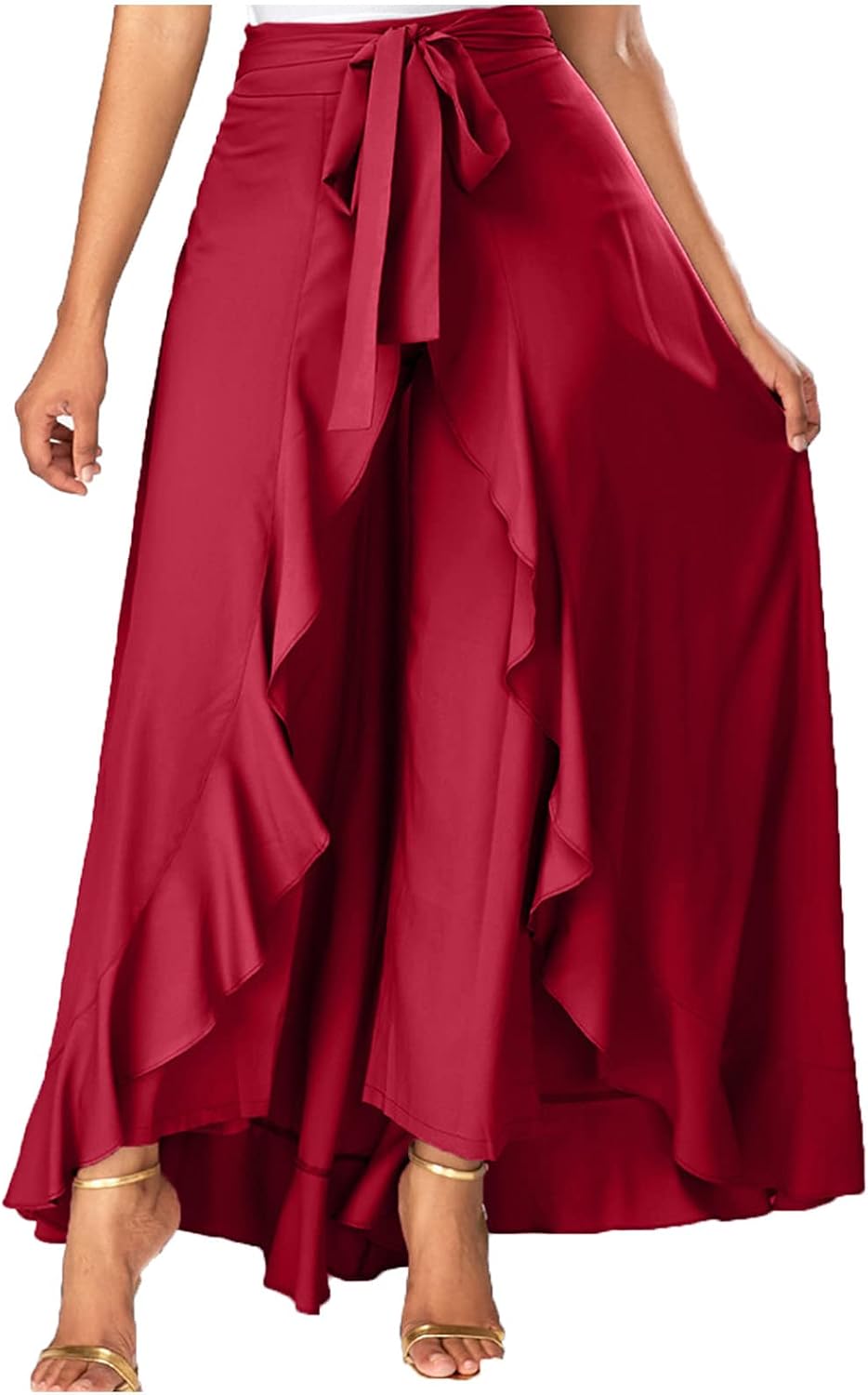 Women's Pants Skirt with Irregular Hem - High Waist Long Skirts with Ruffle Bow Detail for Unique Casual and Chic Look