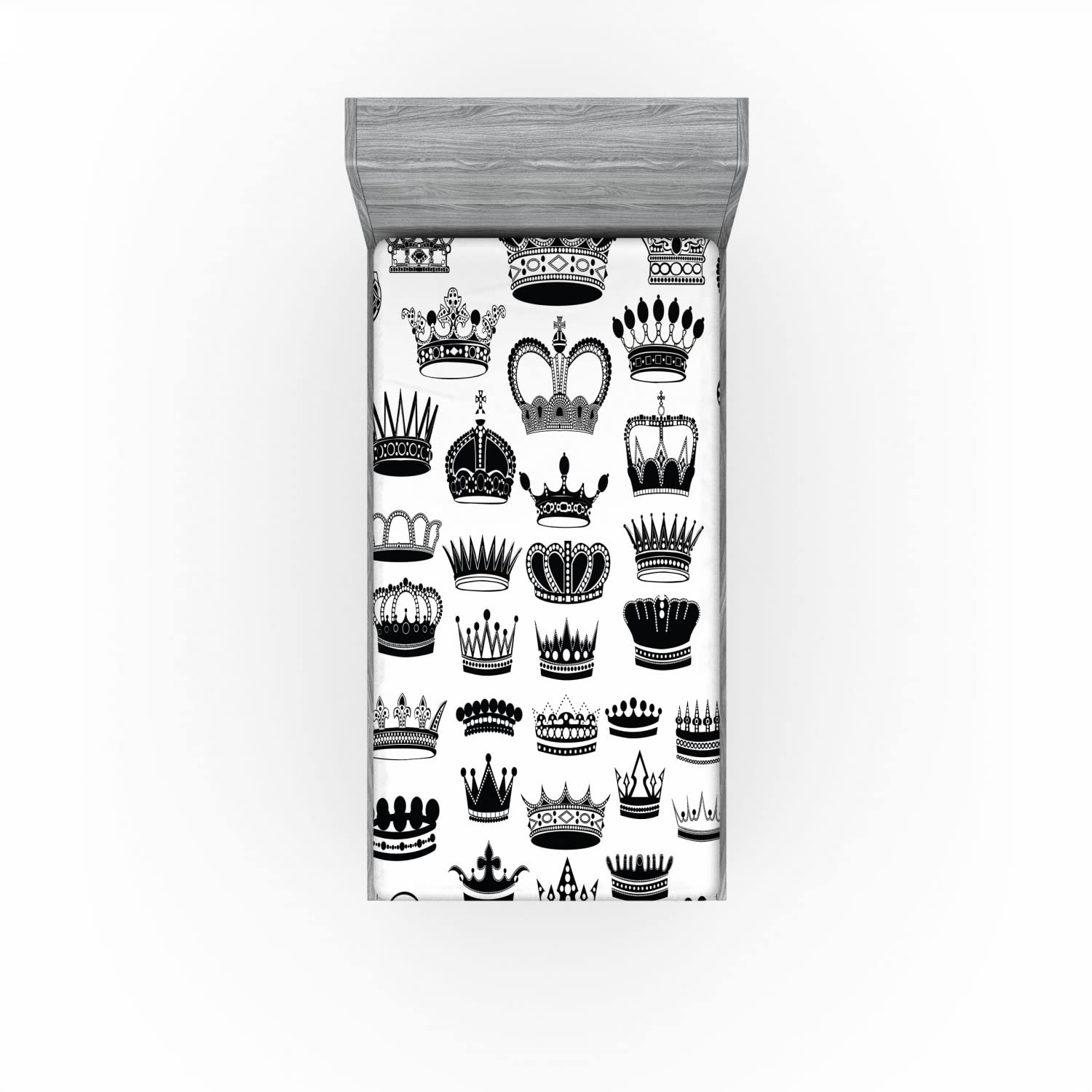 Ambesonne Queen 2 Pack Fitted Sheet, Various Crowns Imperial, Bed Cover All-Round Elastic Deep Pockets 2 Pieces, Package Contains 2 Twin Size Fitted Sheets, White Charcoal