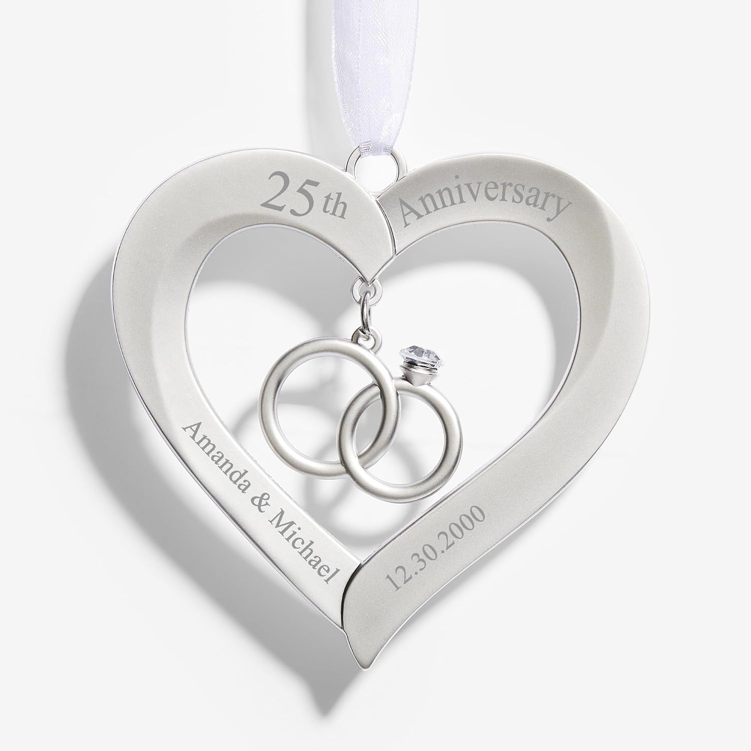 Personalization Universe Anniversary Personalized Metal Heart - Elegant Keepsake with Rings - Durable Silver Zinc Alloy - Engraved with Names & Date - Ideal Wedding/Engagement Gifts
