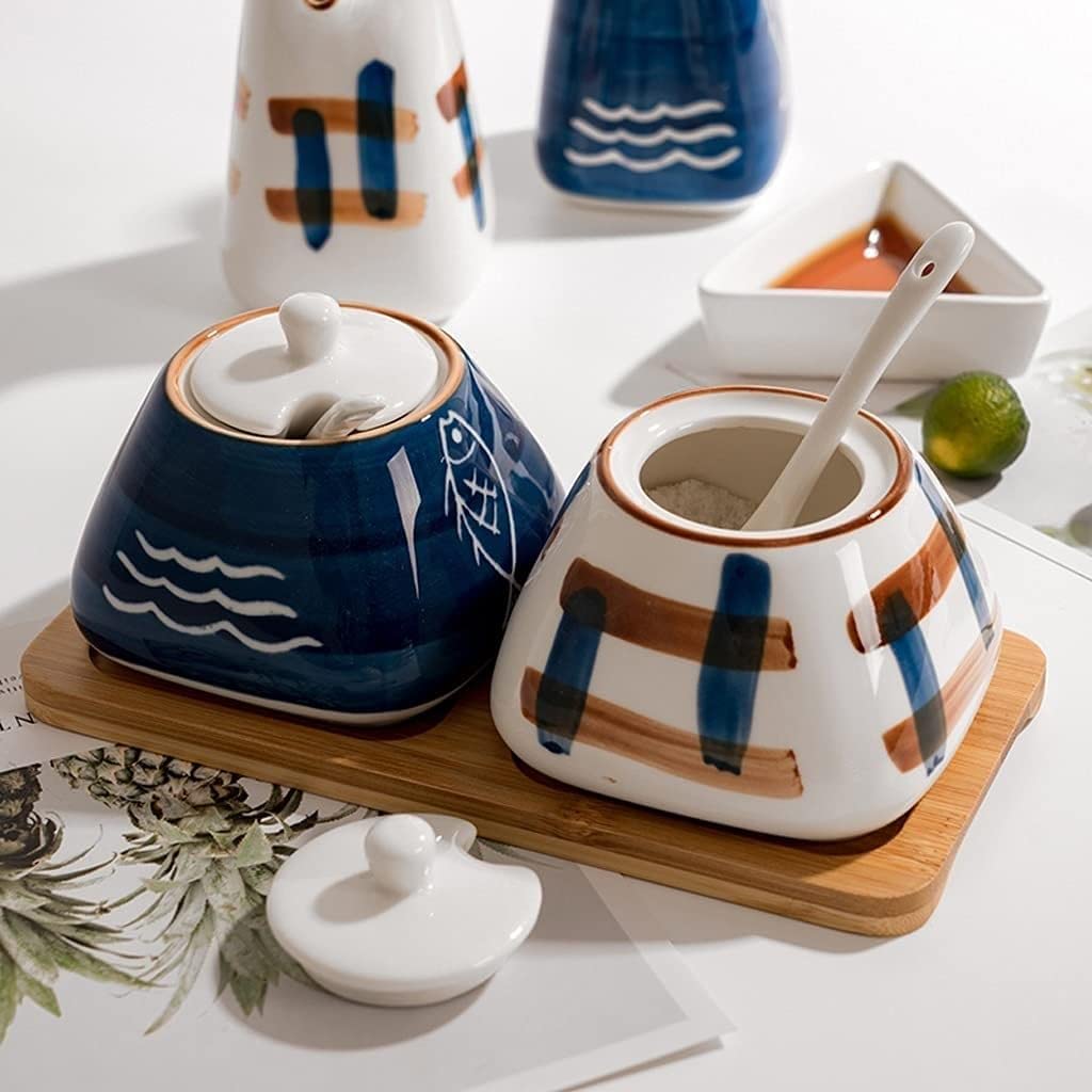 Pots à Épices Assaisonnement Box Set Ensemble De Récipients À Condiments En Céramique, Ensemble De Réservoirs À Sucre, Sucrier Avec Couvercle, Pot D'assaisonnement Domestique, Assaisonnement De Cuisin