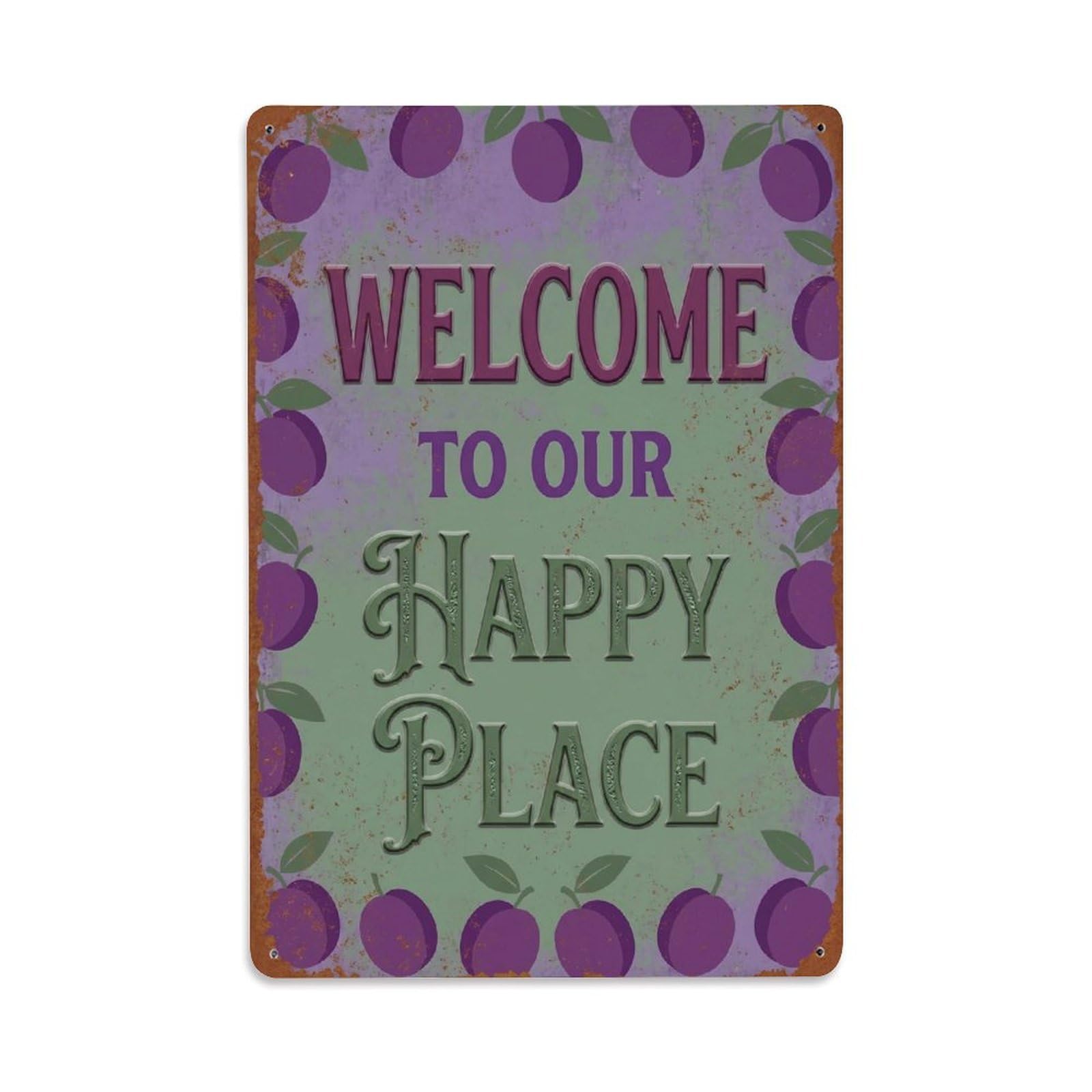 Okngb Style Plum Purple Welcome Happy Place Vintage Garden Frame Metal Tin Sign Plaque Wall Decor For Cafe, Man Cave, Club Bar, Office, Home Garden Round Metal Poster 8X12inch