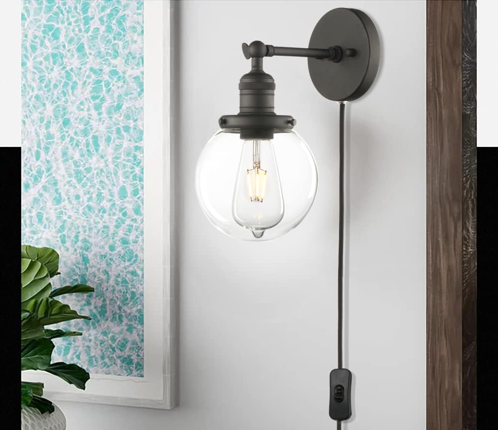 Phansthy Black Sconce with Switch Plug in Sconce Bathroom Vanity Light with 5.9 Incles Globe Glass Canopy (Black, Globe Glass Shade)