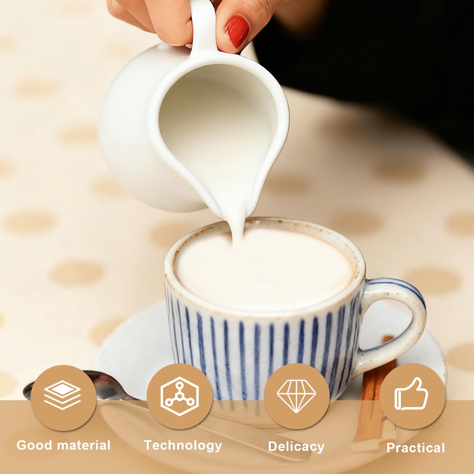 GOMETY Juego de leche y azúcar con tapa y cuchara, jarra de leche de cerámica y azucarero con bandeja de madera, apta para lavavajillas y microondas, para café y capuchino (blanco)
