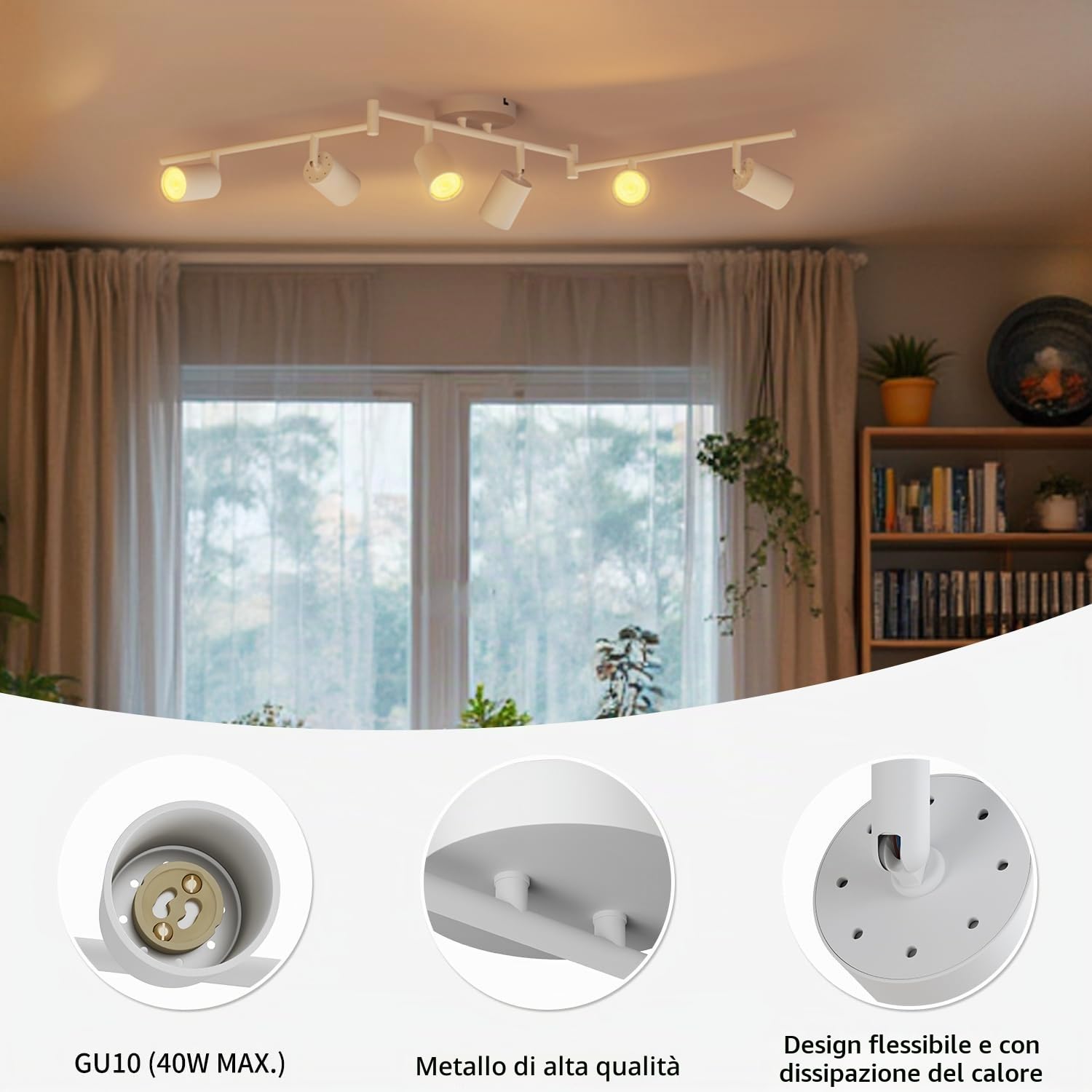 LVWIT Faretti LED da Soffitto Orientabili Bianco,Faretto LED Interno con 6 Luci in Alluminio GU10, Rettangoli Base, Faretti da Soffitto Moderna Industriali per Barra, Salotto, Cucina (Senza Lampadina)