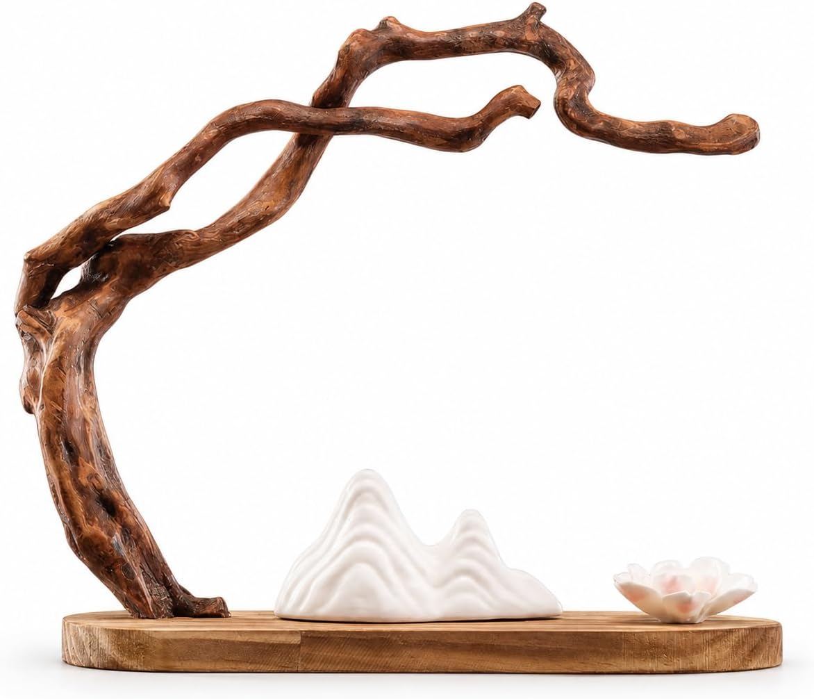 Wooden Jewelry Display Stand for Desktop, Necklace Holder and Earring Holder , Solid Wood Root Carving Display Stand + White Snow Mountain + Lotus Incense Holder