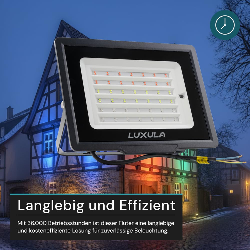 LUXULA 2 Stück RGB LED Strahler Fluter Außen 100W Dimmbar mit Fernbedienung - IP65 Außenleuchte Bunt Flutlichtstrahler Garten Party Outdoor
