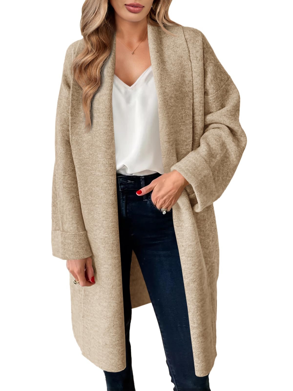 Saodimallsu Strickjacke Damen Leichte Oversize Longjacke Cardigan Open Front Sweater Casual Einfarbig Strickmantel