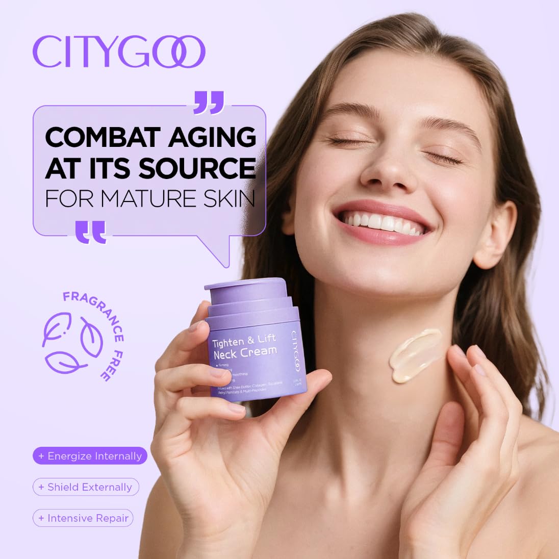 CITYGOO Tightening Firming Neck Cream: Neck & Chest Moisturizer Reduces Wrinkles Sagging Crepey Skin - Collagen Anti‑aging Hydrating Formula Daily Neck Treatment for Mature Women 1.7 OZ (Purple)