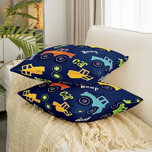 Feelyou Cartoon Car Throw Pillow Covers 18"X18" Set Of 2 Soft Kids Cute Trucks Printed Decorative Throw Pillowcases For Teens Construction Vehicles Pillow Cases Cushion Covers Car Blue Cushion Cases #TOP2