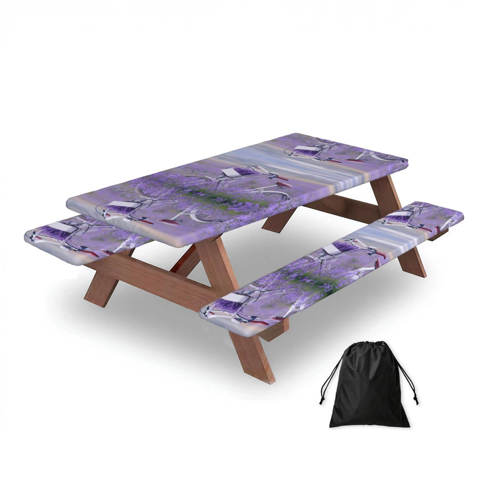 ESNAIUVCD Lavender Field Bike Print Picnic Table Cover With Bench Covers,Camping Essentials,Fitted Tablecloth Cover With Elastic Edge, For Indoor & Outdoor 3 Pcs
