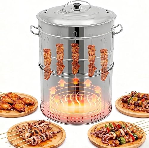 DYRABREST Parrilla de carbón de acero inoxidable grande portátil con barril, parrilla de barbacoa con pinchos, diseño de separación de aceite,