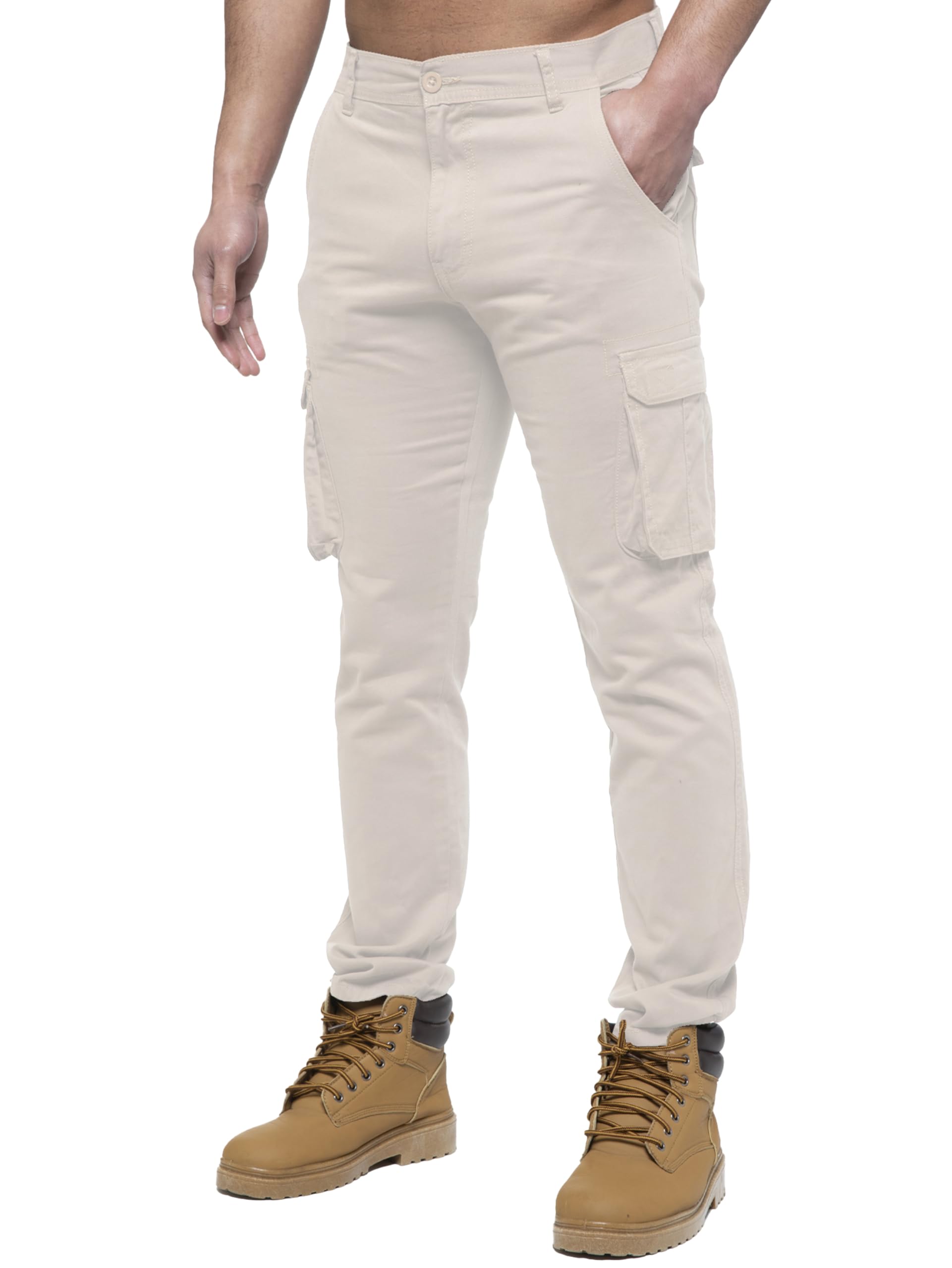 989Zé ENZO Mens Cargo Combat Pants Straight Leg Regular Fit Chino Trousers EZ425 Stone 34W / 32L