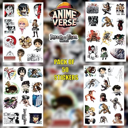 Image of AnimeVerse Pack of 50 AOT Anime Stickers for Laptop, Phone, Guitar, Bike, PC, | Waterproof Glossy Vinyl Decals | Residue-Free Anime Stickers Collection (Attack On Titan)