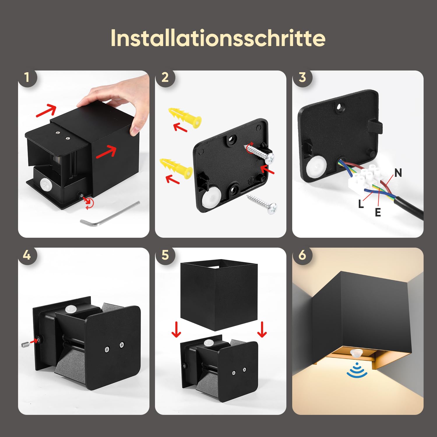 vatato 2 Stück LED Wandleuchte mit Bewegungsmelder 12W Außenwandleuchte IP65 3000K Schwarz