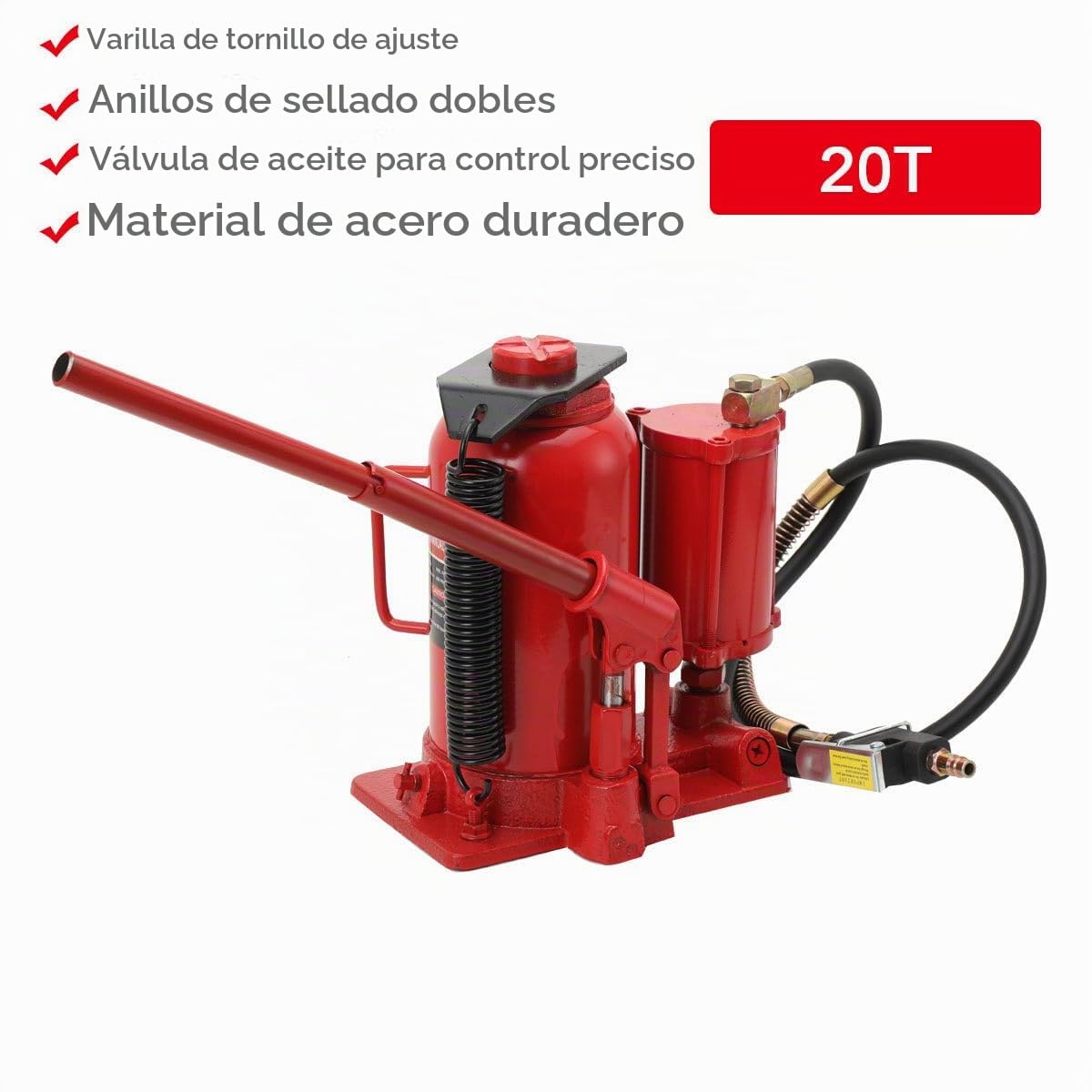 Gato hidráulico de botella 20T con elevador de botellas, cilindro hidráulico, gato hidráulico con palanca de bomba plegable, altura de elevación 260-510 mm, conexión de aire comprimido 1/4