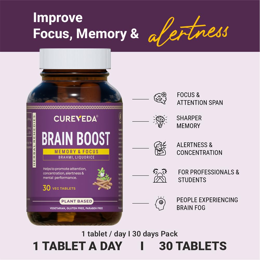 Cureveda Herbal Brain Boost Tablet for Brain & Memory Wellness | Extracted with Brahmi and Liquorice | Improves Learning, Memory Retention | Vegetarian | Gluten & Paraben Free (30 Tablets) 1