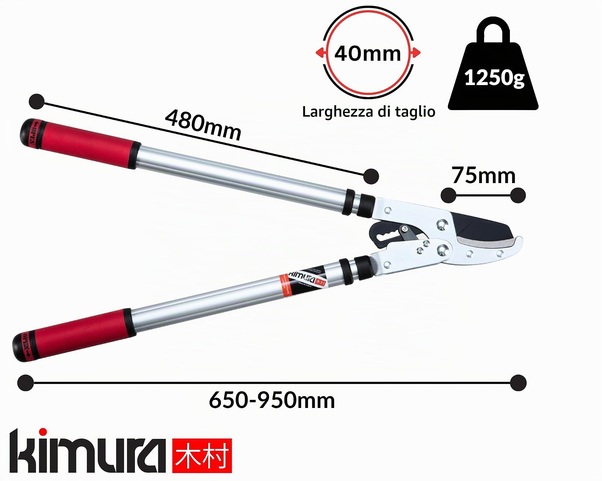 Kimura® Troncarami da Giardino Professionali, Troncarami a Incudine di Alta Qualità con Meccanismo a Cricchetto Avanzato, Manici Telescopici Leggeri, Lame in Acciaio Giapponese SK5, Rosso