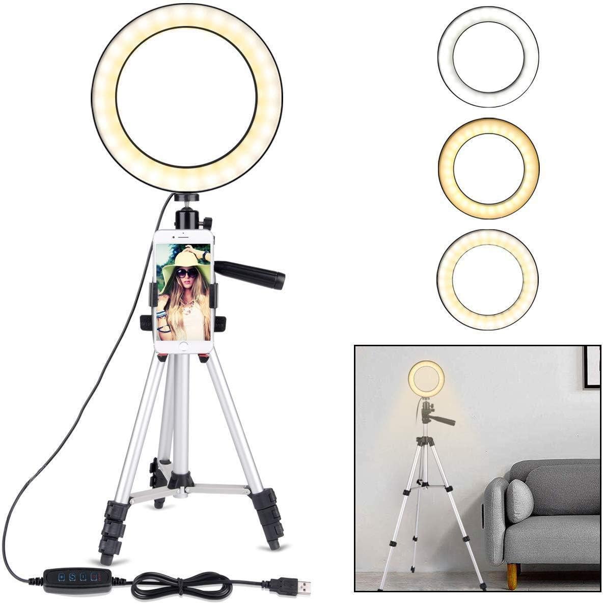 B-Land 6.2" Ring Light with Tripod Stand for YouTube Video and Makeup, Mini LED Camera Light with Cell Phone Holder Desktop LED Lamp with 3 Light Modes & 11 Brightness Level
