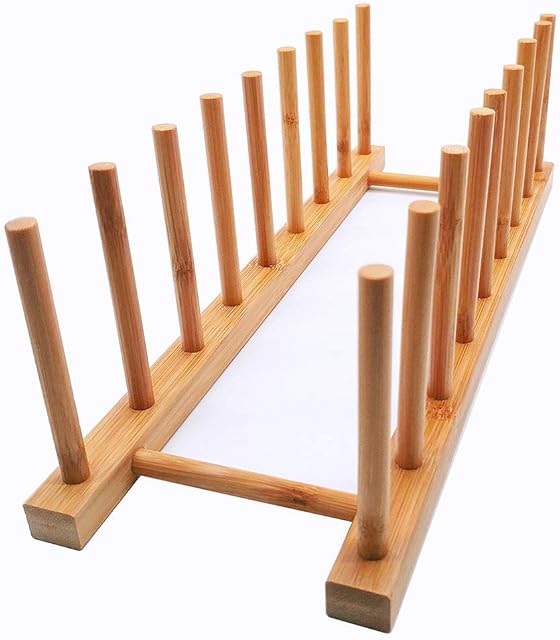 efbock Plate Rack Holder for Kitchen Cupboards Bamboo Wooden Chopping Board Tray Dish Rack Stand Drainers, Kitchen Cabinet Organizer for Plate / Cup / Pot Lid (1, 8 slots)