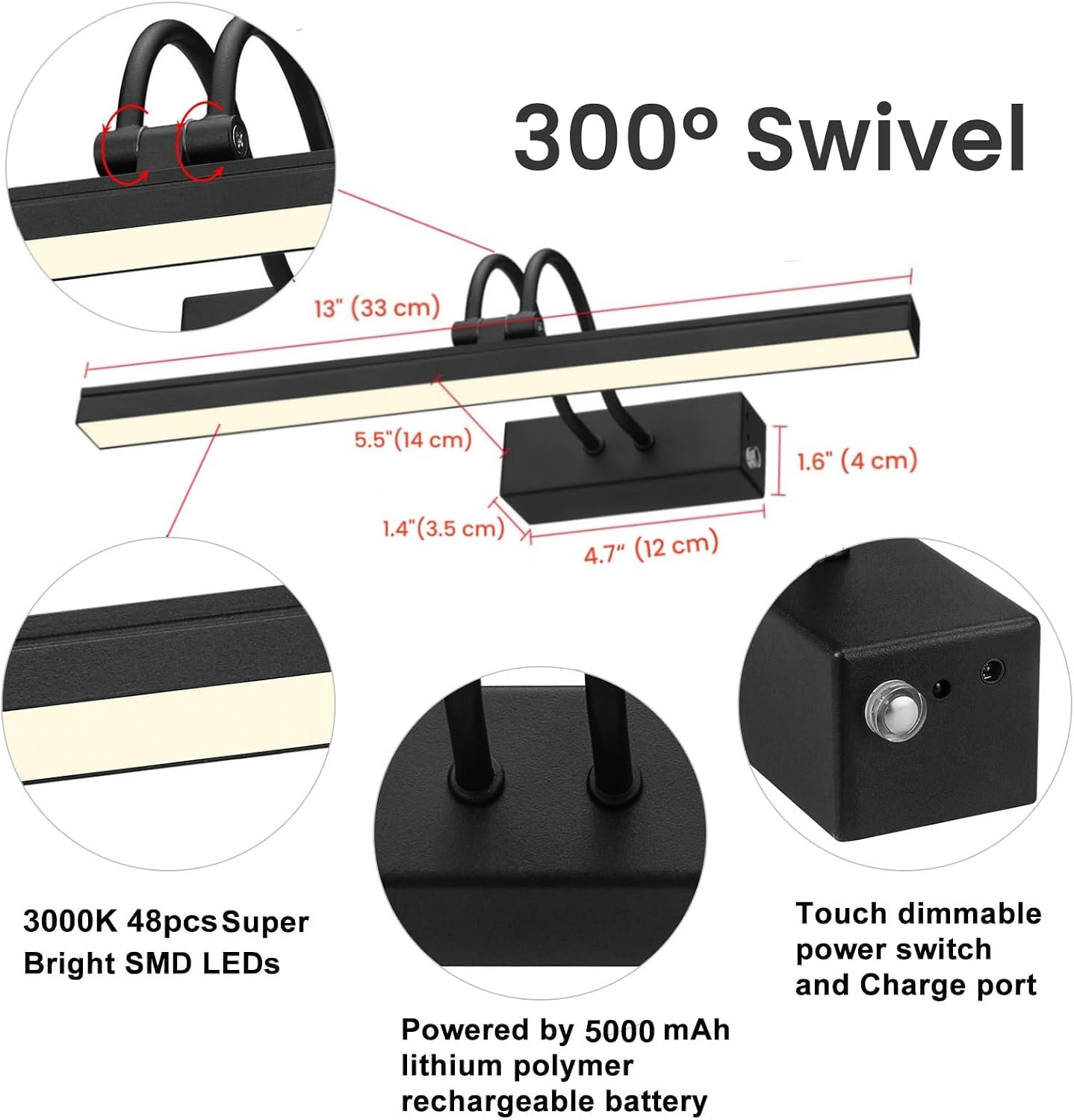 FUNCHDAY Lampe murale rechargeable sans fil avec télécommande, 280 lm à intensité variable, minuteur, 33 cm, fonctionne à piles en métal pour peintures, cadre (noir)