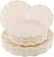 LIYH 24 Pack Reusable Unbreakable Plastic Plates Set - Ivory Scalloped Dinner & Dessert Plates, BPA Free, Dishwasher & Microwave Safe for Parties, Picnics, Families