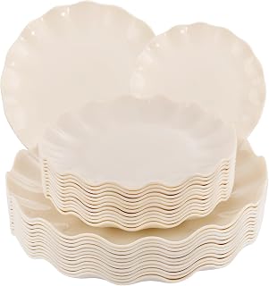 LIYH 24 Pack Reusable Unbreakable Plastic Plates Set - Ivory Scalloped Dinner & Dessert Plates, BPA Free, Dishwasher & Microwave Safe for Parties, Picnics, Families