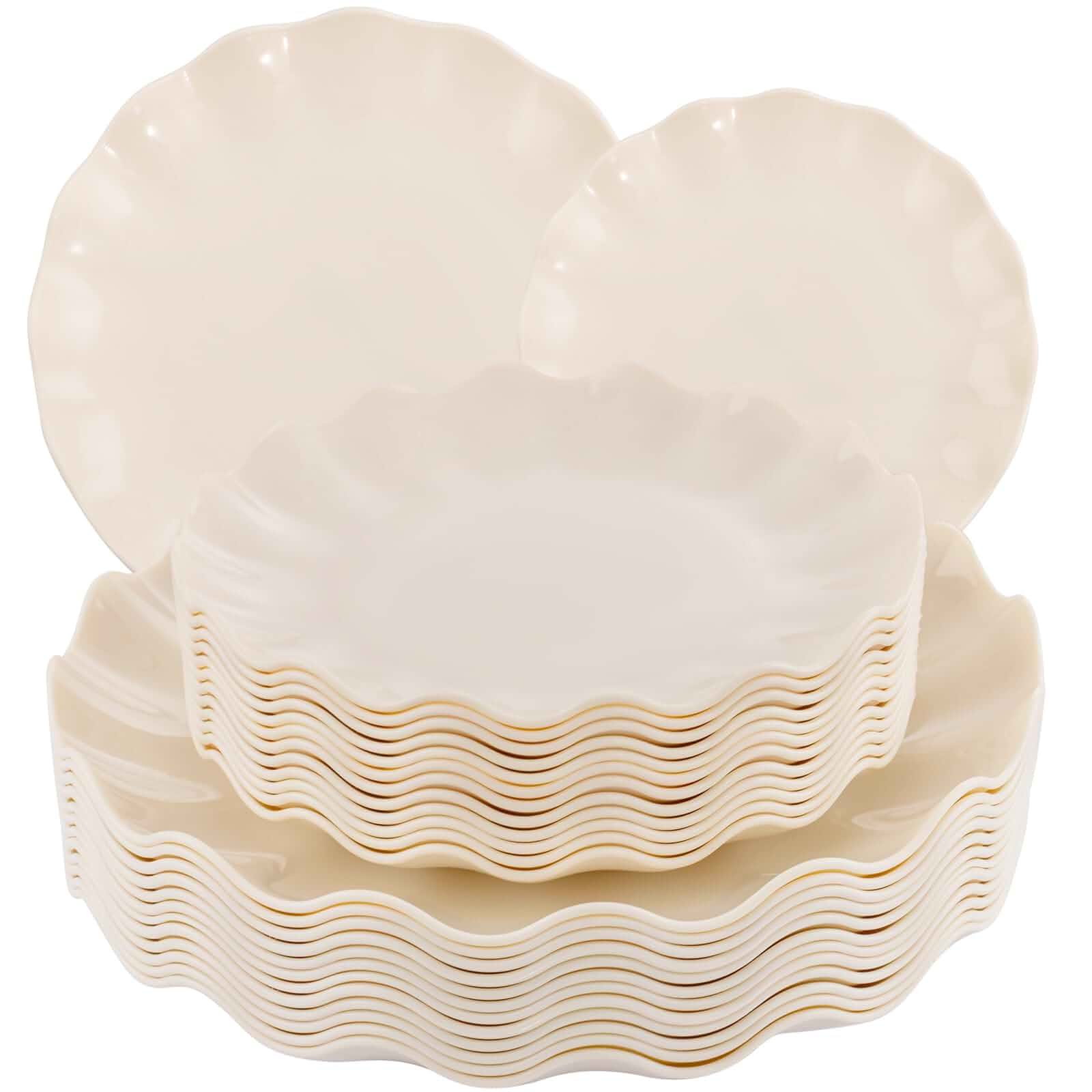 LIYH 24 Pcs Plastic Plates Reusable,Unbreakable Dinner Plates, Scalloped Plastic Plates, Dishwasher Safe,Ivory Plate Sets Perfect for Parties, Birthday, Picnics, BPA Free(12Guests)Plastic