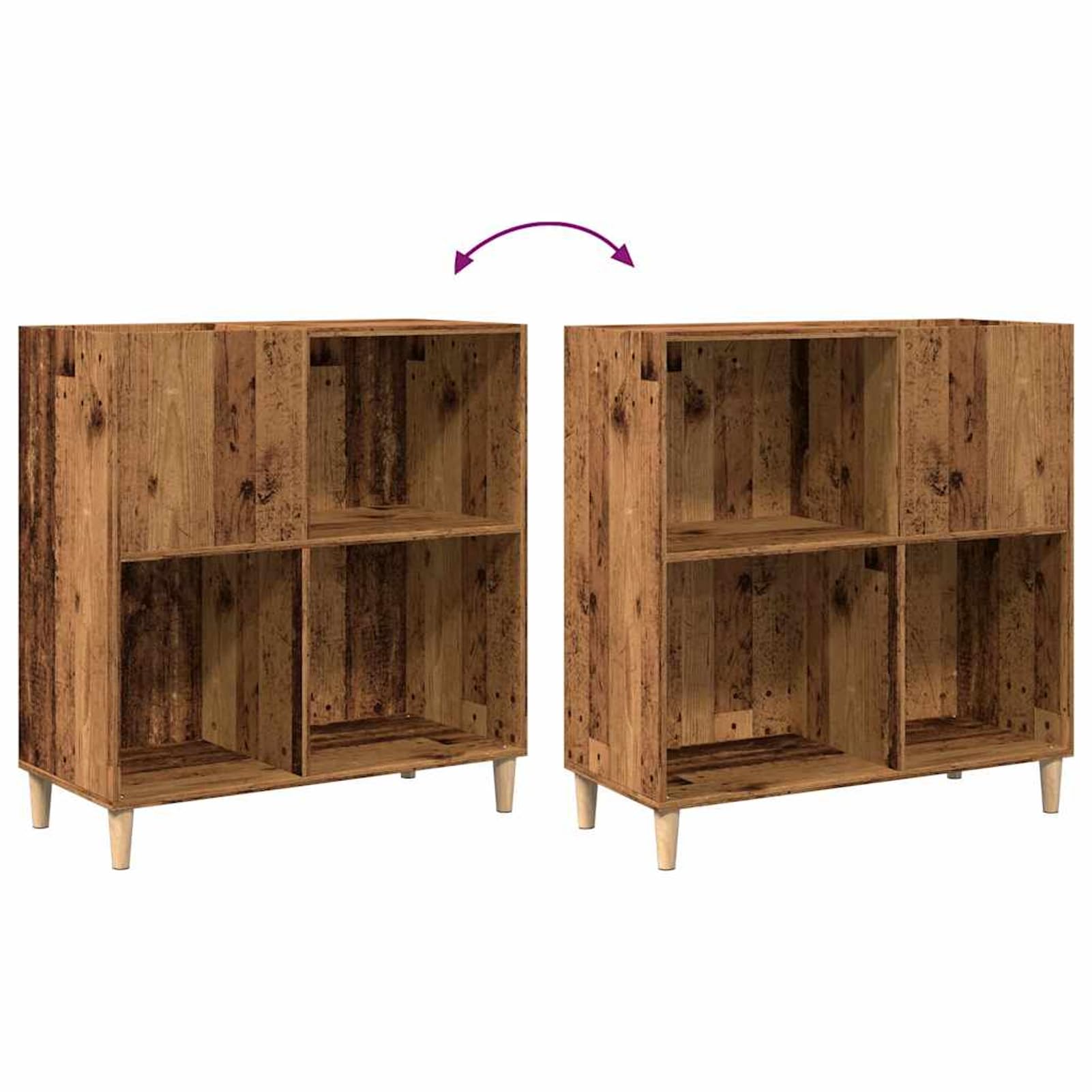 Armadio in legno con gambe in legno massiccio di eucalipto, 84,5 x 38 x 89 cm, effetto legno anticato, per riporre e esporre dischi in vinile