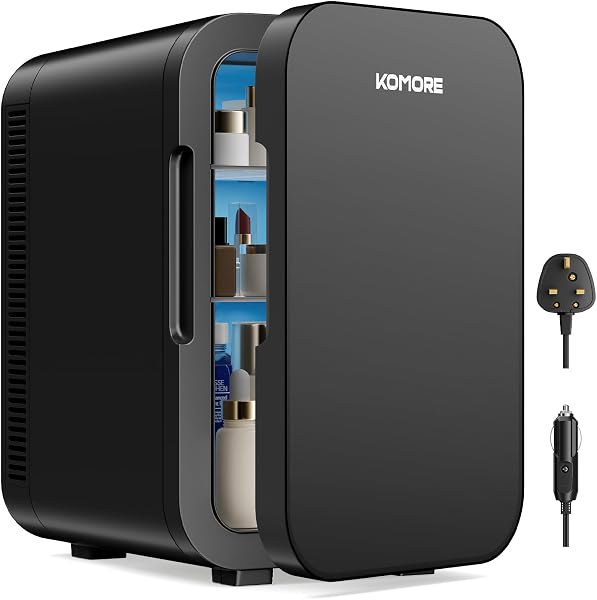 KOMORE Mini Fridge 18 Litre, 20 Cans Mini Fridge for Bedrooms with Handle, Portable Small Refrigerator, Cooler & Warmer for Drinks, Car, Travel, Cosmetics/Makeup/Skincare, AC+DC Power (Black) - 1