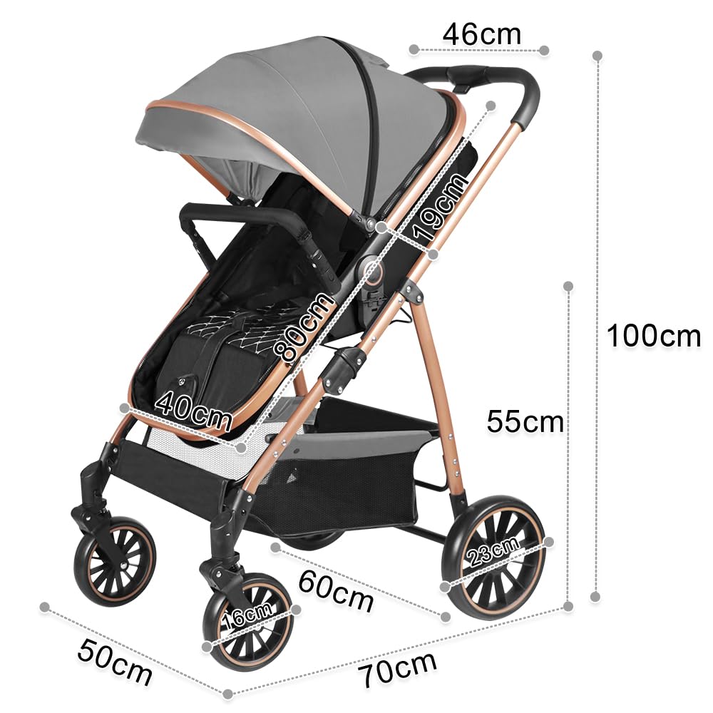 OHMG Poussette 3 en 1 avec Nacelle, Poussette de Voyage's Nacelle est Pliable, Trio Poignée est Réglable, les Roues sont en Matériau PU, pour Enfant de la Naissance à 3 Ans (Gris)