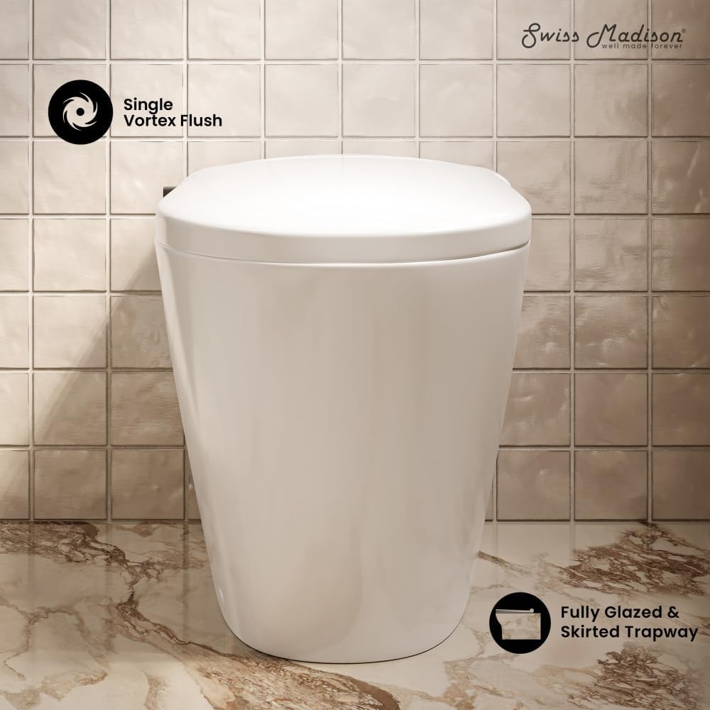 Swiss Madison Hugo H Power Flush Tankless Toilet 7" Back Outlet 1 GPF Non-Electric Toilet with Integrated Tank and Manual Bidet in Glossy White
