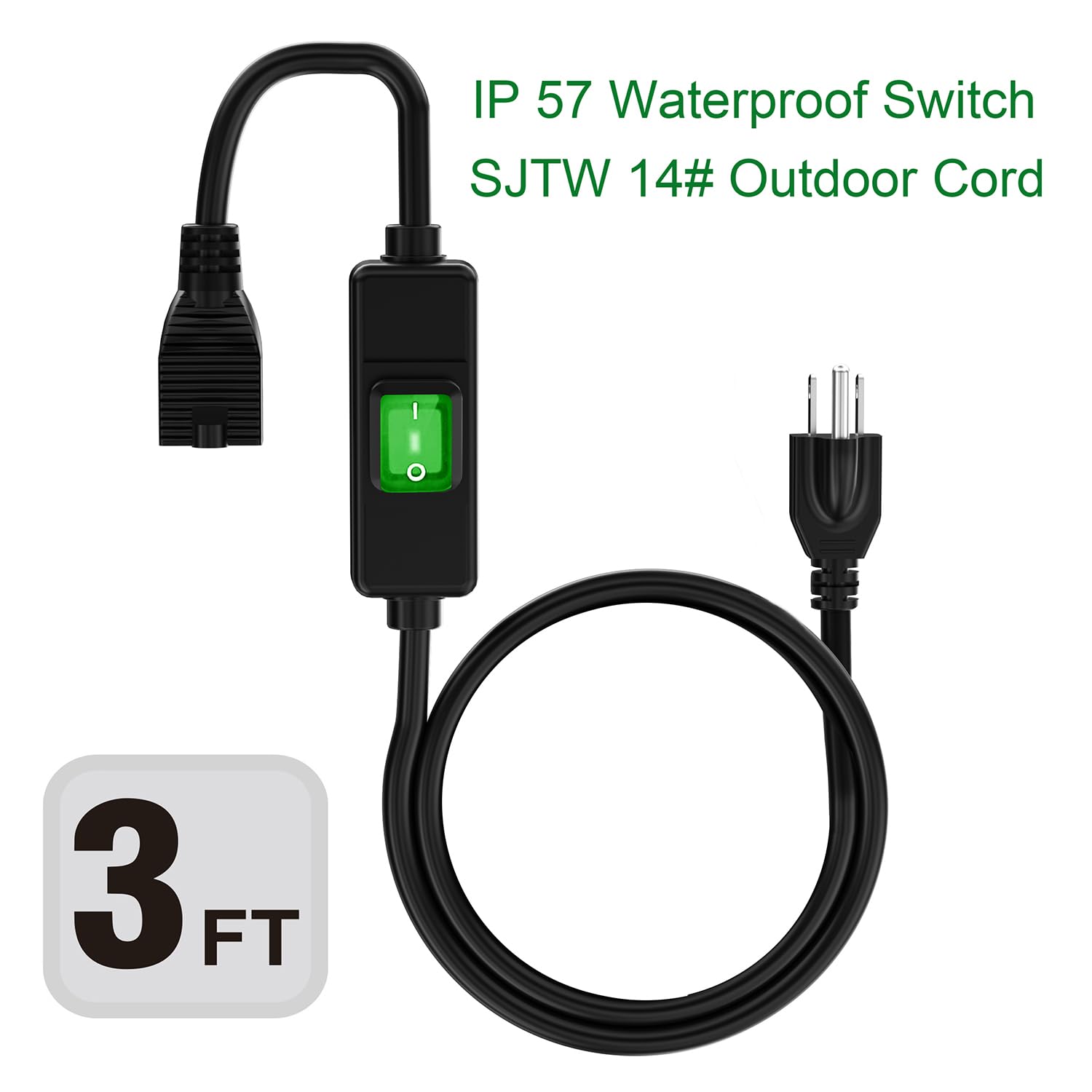 Plugrand 3 Prong Outdoor Waterproof Extension Switch Cord, 3FT