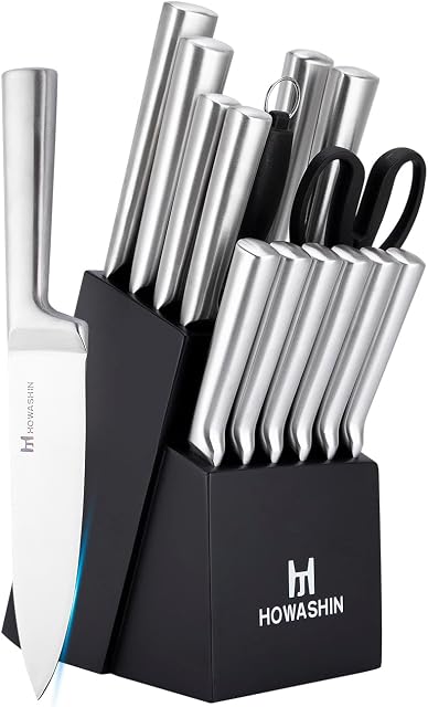 Knife Set - Kitchen Knife Set 15 Pieces Japanese Stainless Steel Knife Block Set with Sharpener - Dishwasher Safe Kitchen Knives - Ultra Sharp Chef Knife Set, Silver