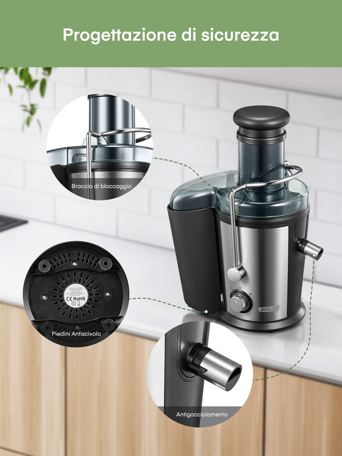 Juilist Centrifuga Frutta e Verdura, 800W Estrattore Frutta e Verdura con 75 MM Bocca Larga, Facile Pulizia Acciaio Inox Estrattore di Succo con 2 Velocità 21000RMP, Funzione Antigocciolamento