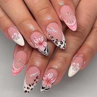 Press on Nails Almond Medium Fake Nails Leopard French Tip False Nails Press ons 3D Flower Glue on Nails Artificial Acrylic Nail Art Kit Full Cover Stick on Nail Supplies for Women Winter Spring 24Pcs