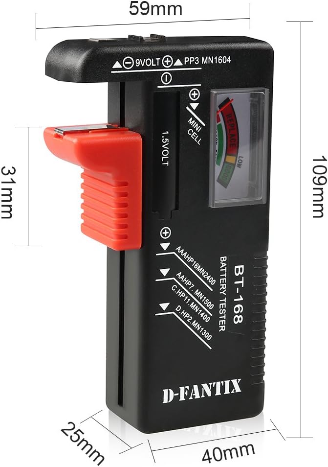 D-FantiX Battery Tester, Universal Battery Checker Small Battery Testers for AAA AA C D 9V 1.5V Button Cell Household Batteries Model BT-168