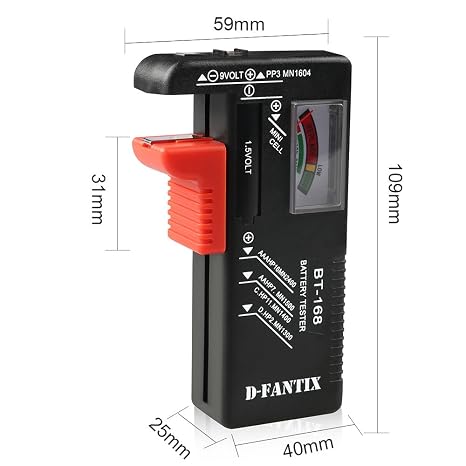 D-FantiX Battery Tester for AAA AA C D 9V, Universal Battery Charge Checker | Small 1.5V Button Cell Household Batteries, Model BT-168