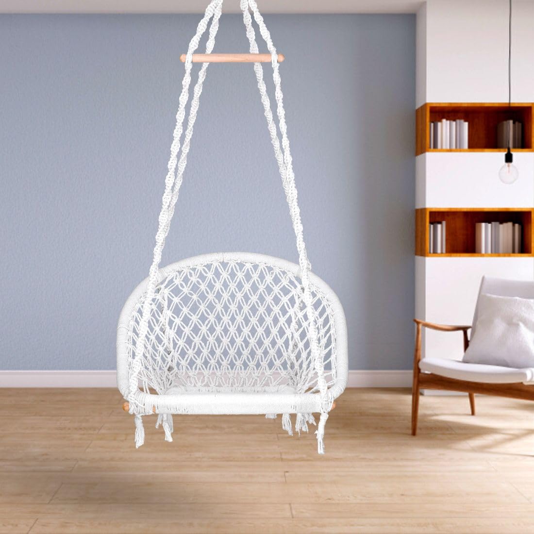 Curio Centre Make in India Premium D-Shape Swing with Cotton Ropes & Sturdy Frame for Adults & Kids/Indoor Outdoor Hanging Swing Chair (61 x 64 x 152 cm, White)
