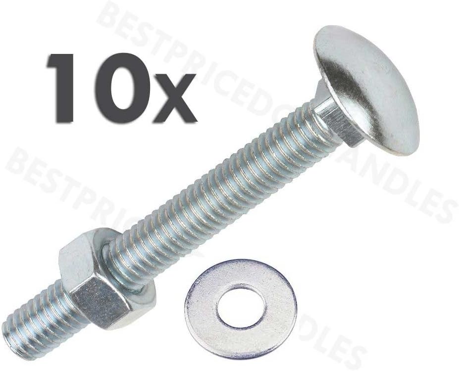 Coach Bolts M6 x 75mm Pack of 10 Carriage Bolts with Hex Nuts and Washers Zinc Plated Cup Square Bolts BZP DIN603 and DIN934